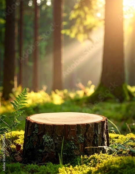 Fototapeta A close-up shot of a tree stump in a lush, green forest bathed in golden sunlight. The scene is tranquil and serene