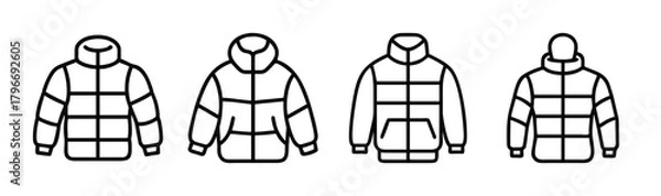 Fototapeta Four puffer jacket icons showing front views of insulated outerwear apparel