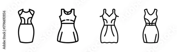 Fototapeta Collection of four simple sketch drawings of women's dresses showing different styles and cuts