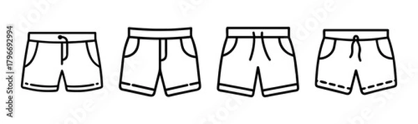 Fototapeta Collection of four hand-drawn shorts styles showing different pocket and waist details for fashion design