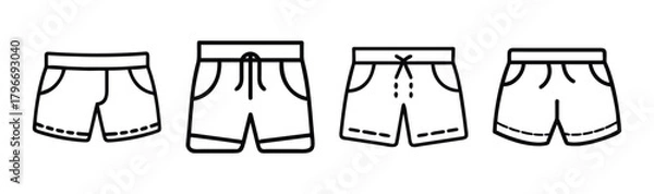 Fototapeta Collection of four outline drawings of men's casual shorts with elastic waistbands and pockets