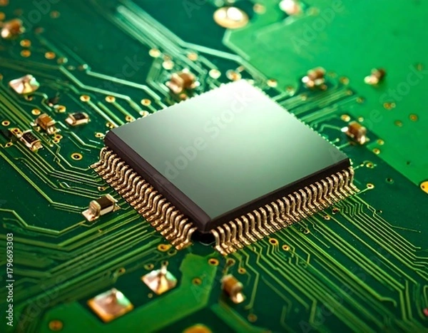 Fototapeta A close-up showcases a central square processor chip set with golden pins on a vibrant green circuit board. Details of the motherboard are visible