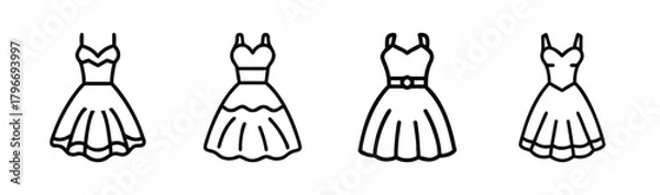 Fototapeta Four hand-drawn line art dresses with flared skirts and straps