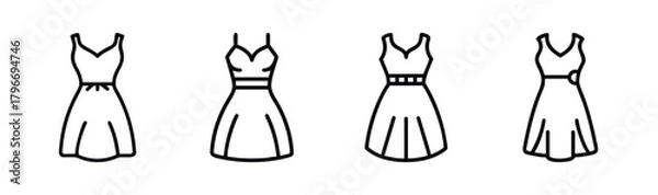 Fototapeta Collection of four sketch style midi dresses with delicate straps and flared skirts