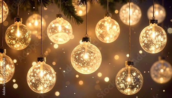 Fototapeta A close-up showcases luminous, clear orbs with internal twinkling lights, suspended against a blurred backdrop of bokeh lights and pine branches