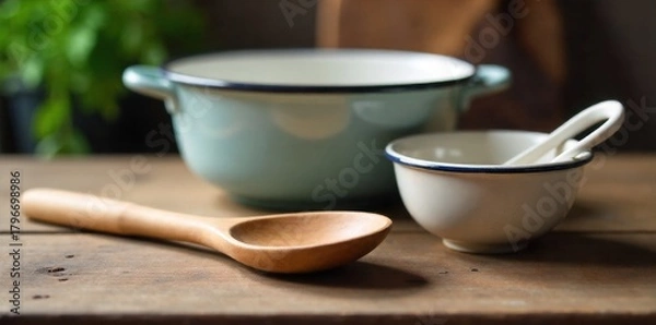 Fototapeta Nostalgic Kitchen Utensils in a Rustic Setting A still life arrangement of vintage kitchen utensils, including a wooden spoon, an enamel colander, and a ceramic bowl, placed on a rustic, worn wooden