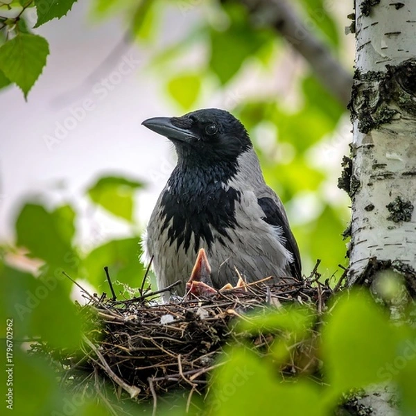 Fototapeta A dark bird perches in a nest amongst leafy branches. Its chicks peek out. Light illuminates the bird and bark