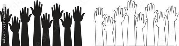 Fototapeta Raised hands flat and line icons set, showing diverse human arm silhouettes black vectors illustration for volunteer support, unity, voting, teamwork, participation, charity and community concept.