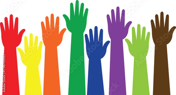 Obraz Raised hands icon in trendy flat style, showing diverse human arm silhouette colorful vector illustration for volunteer support, unity, voting, teamwork, participation, charity and community concept.