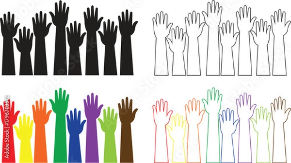 Obraz Raised hands flat, line icons set, showing diverse human arm silhouettes black, colorful vectors illustration for volunteer support, unity, voting, teamwork, participation, charity, community concept.