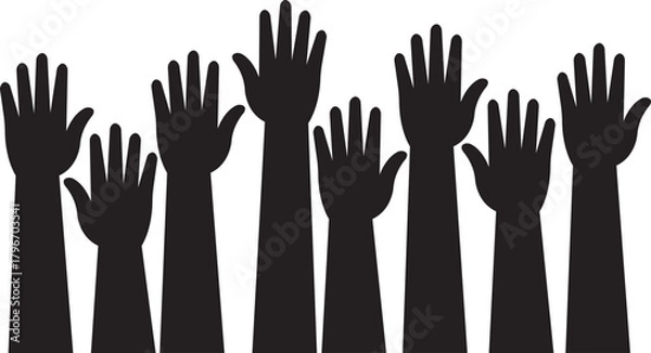 Fototapeta Raised hands icon in trendy flat style, showing diverse human arm silhouette black vector illustration for volunteer support, unity, voting, teamwork, participation, charity and community concept.