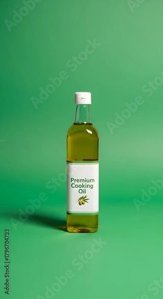 Fototapeta A clear glass bottle filled with golden cooking oil standing upright on a green background with a white cap and a label that reads 'Premium Cooking Oil'