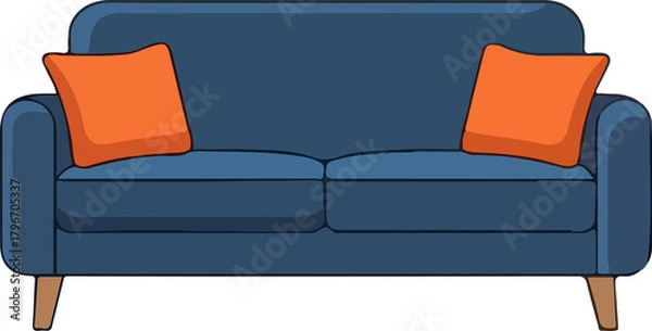 Obraz Stylized blue couch with two orange pillows on it.