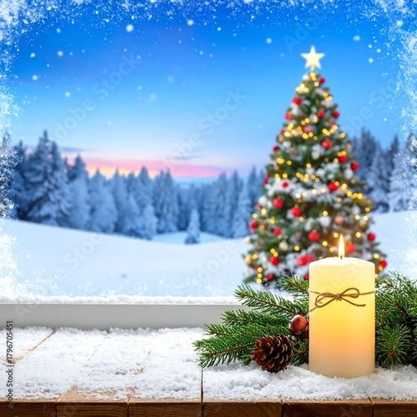 Fototapeta A festive Christmas scene features a lit candle, pine boughs, and snow-covered table, with a decorated tree and snowy forest landscape in the background