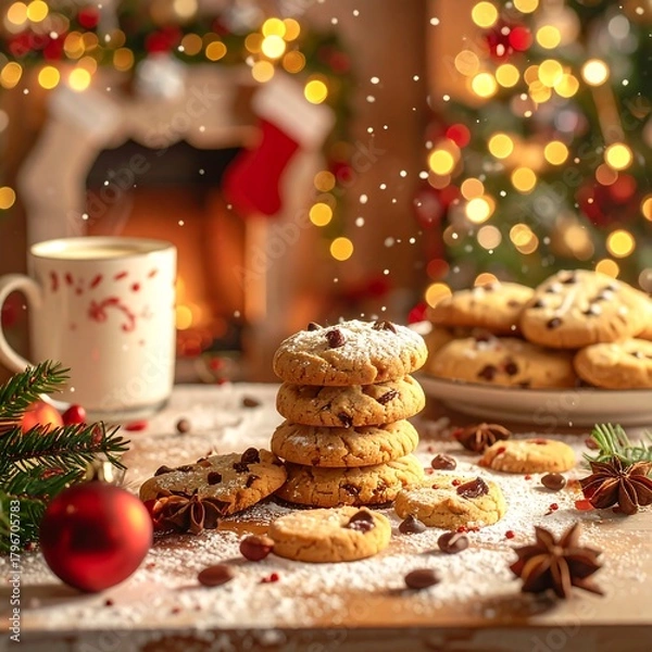 Fototapeta A festive scene featuring a stack of cookies with chocolate chips, a warm drink, and a Christmas tree in the background