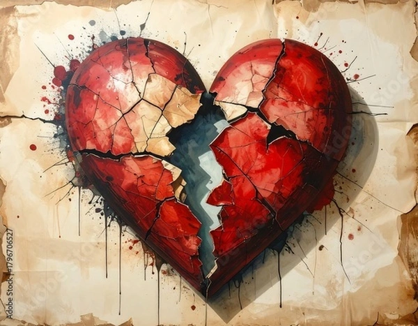 Fototapeta A fragmented heart, painted in crimson, cracks along an aged parchment. Splatters of red accompany the broken symbol of affection