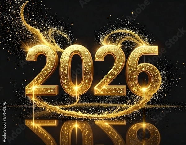Fototapeta A golden, glittering "2026" is depicted, with sparkling light trails and a glossy, dark background. The numbers have a luxurious, three-dimensional look