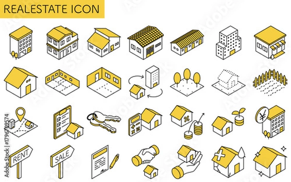 Obraz 不動産購入、戸建てやマンション、店舗、住宅ローンや農地などのシンプルな線画アイソメトリックイラスト