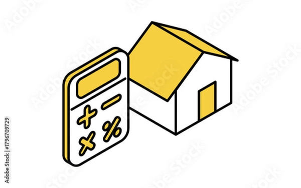 Obraz 不動産購入、住宅と電卓（ローンシミュレーションイメージ）のシンプルな線画アイソメトリックイラスト