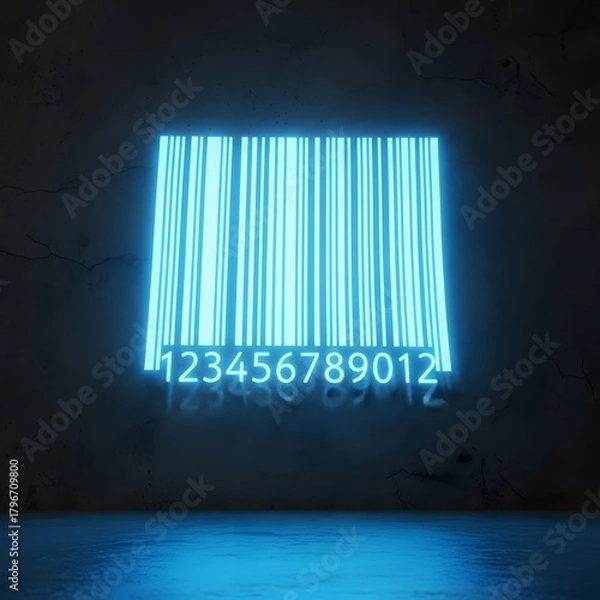 Fototapeta A glowing blue barcode projection on a dark wall, illuminated with bright lines and numbers at the bottom, creating a futuristic and high-tech visual effect