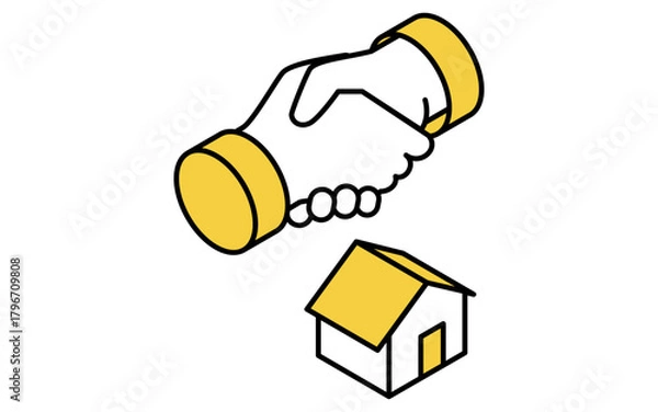 Obraz 不動産購入、契約締結時の握手のシンプルな線画アイソメトリックイラスト