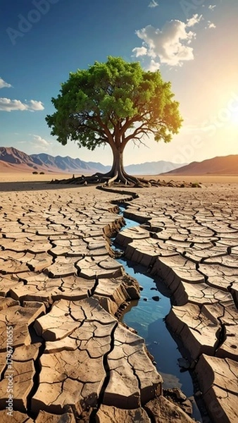 Fototapeta A lone, thriving tree stands in a cracked, arid landscape. A stream flows from it. Sun blazes on dry ground, under blue sky
