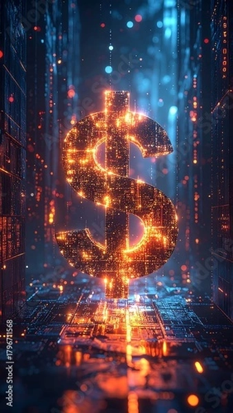 Fototapeta A luminous dollar symbol, rendered in glowing orange light, emerges from a digital, futuristic city scene