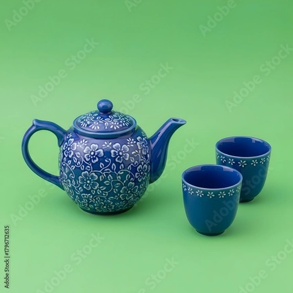 Fototapeta A vibrant blue teapot with matching cups featuring intricate floral patterns set against a bright green background, creating a lively and colorful scene