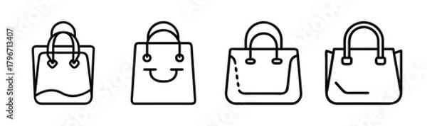 Fototapeta Set of four shopping bag icons with handles and simple designs in line art style