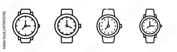 Fototapeta Set of four simple line art wristwatches showing different times with watch bands