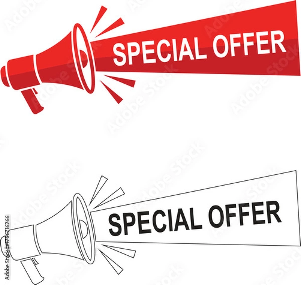 Fototapeta Red megaphones and black outline announcing with special offer text for promotions and sales