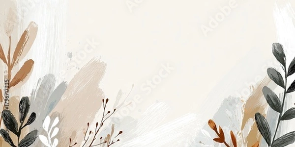 Fototapeta Watercolor abstract leaves & brushstrokes with neutral colors, minimal aesthetic