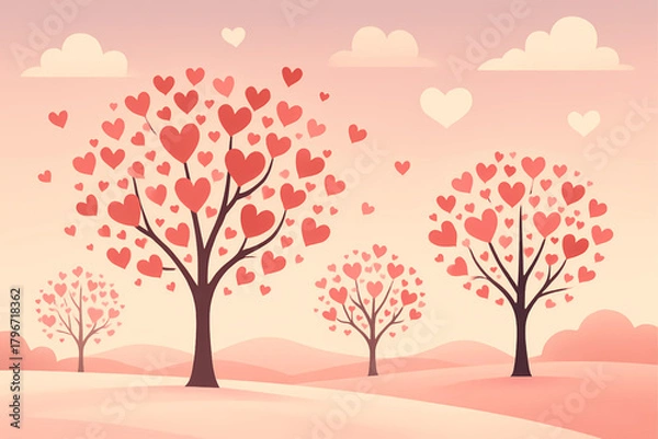Fototapeta Romantic heart-shaped tree landscape under soft pink sky for Valentine and love themes