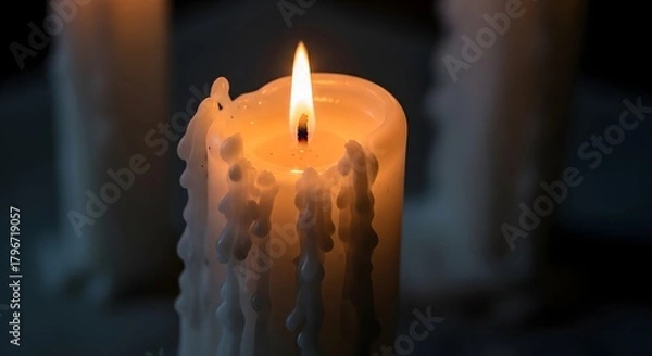 Fototapeta A close-up of a lit candle with melting wax and a warm flame in a dark environment, creating a peaceful and calming atmosphere