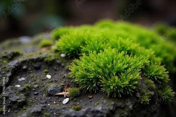 Obraz Macro view of moss growing on ancient stone, emphasizing organic textures and muted, earthy color palettes. Macro photograph of vibrant green moss growing on rough, ancient stone, highlighting organic