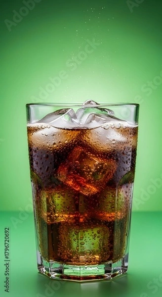 Fototapeta A refreshing glass of soda with ice cubes and bubbles rising against a vibrant green background, creating a lively and cool beverage scene