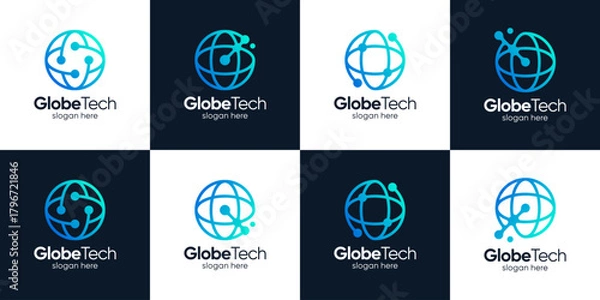 Fototapeta Set of globe ​​tech logo design template illustration. Abstract globe concept vector design with technology system connection and abstract dot, data, molecule and system symbol graphic icon