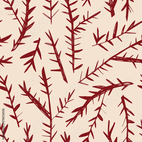 Fototapeta Hand drawn winter branches seamless pattern in warm festive colors for holiday decor gift wrap textiles papers backgrounds and branding