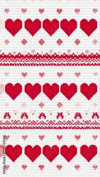 Fototapeta A pattern of pixelated red hearts and stylized floral designs against a white background, suggesting a knit or woven texture
