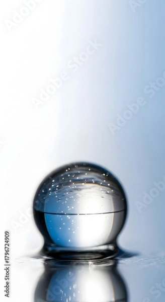 Fototapeta A close-up of a reflective glass marble resting on a smooth surface with a soft blue gradient background, capturing the intricate reflections and light effects within the sphere