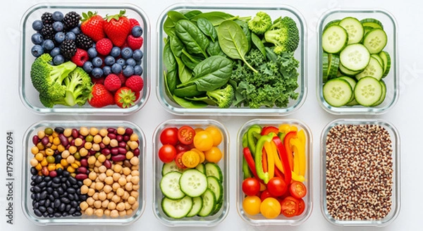 Fototapeta Overhead view of various fresh, healthy food items neatly arranged in clear containers.