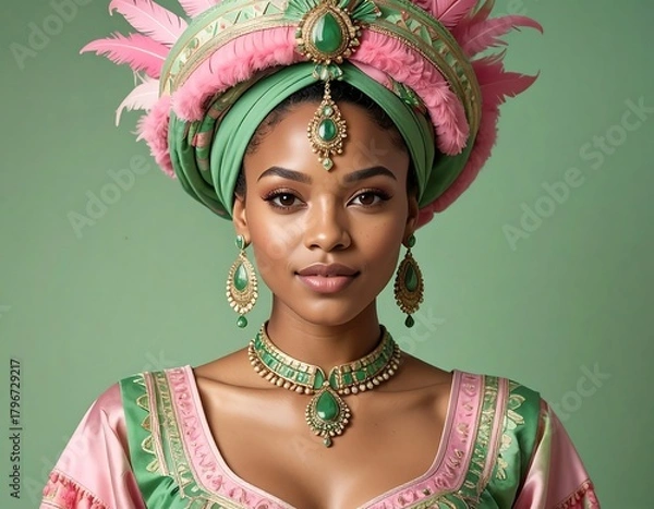 Fototapeta A portrait of a woman of color, adorned in elaborate, colorful headwear and jewelry, gazing serenely at the viewer