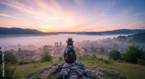 Fototapeta Woman enjoying the sunset view from a hilltop overlooking a misty village, travel adventure