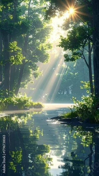 Fototapeta A scenic forest scene. The sun beams through the trees, illuminating a tranquil waterway, with verdant foliage and reflections