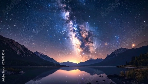 Fototapeta A scenic nightscape reveals a bright galactic core above a tranquil lake, framed by distant mountains under a starlit canvas