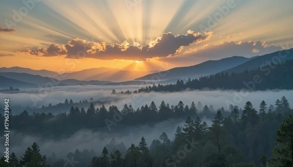 Fototapeta Peaceful sunrise through morning mist covering forest valley, rays of light piercing clouds and illuminating quiet nature.
