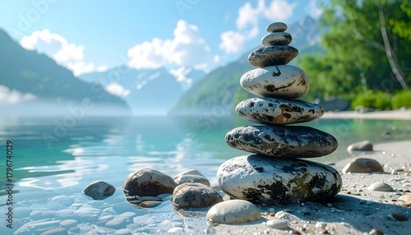 Fototapeta A serene lakeside scene. A balanced stone tower stands on the shore. Mist blankets the distant mountains, sunlight bathes the scene