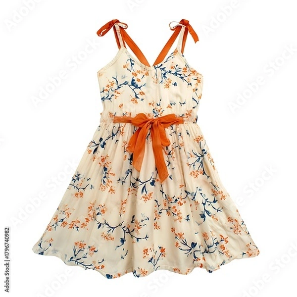 Obraz Charming floral print sundress with vibrant orange tie and bow, perfect for summer fun and everyday style