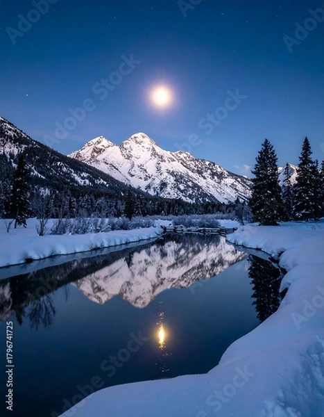 Fototapeta A serene night landscape. Snow-covered mountains are reflected in calm water under a bright moonlit sky. Conifer trees line the banks
