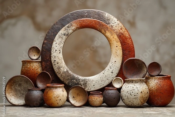 Obraz Stunning artisanal ceramic collection featuring rustic textured vases and bowls, perfect for home decor and creative projects